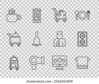 Set line Suitcase, Towel on hanger, Hair dryer, Coffee cup, Hotel service bell, Five stars rating review and Lift icon. Vector