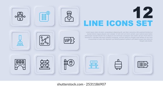 Set line Maleta, billete de tren, mapa del ferrocarril, sala de espera, flecha para cambiar el ferrocarril, fin de Pistas, reserva en línea y café y restaurante icono de ubicación. Vector