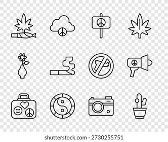 Set line Suitcase para viagens, Cactus, Paz, símbolo Yin Yang, maconha, spliff, Cigarro, câmera fotográfica e ícone de Megafone. Vetor