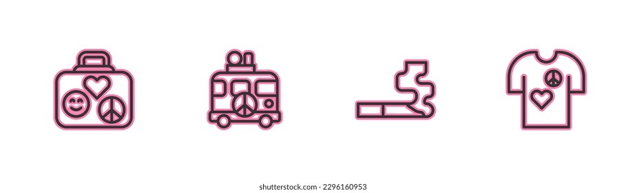 Set line Suitcase for travel, Cigarette, Hippie camper van and Peace t-shirt print stamp icon. Vector