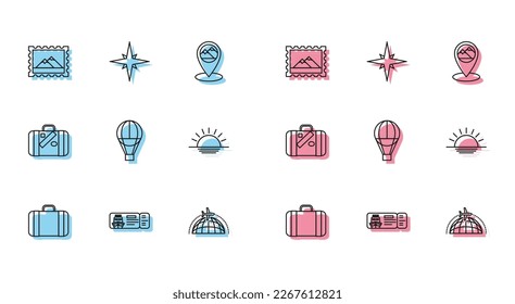 Set line Suitcase for travel, Cruise ticket traveling by ship, Postal stamp and Mountains, Globe with flying plane, Hot air balloon, Sunset, stickers and Wind rose icon. Vector