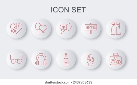 Set line Maleta para viaje, Gafas, Megáfono, Símbolo de la paz, Amor a la paz, Globos, Auriculares e Icono de la botella de cerveza. Vector