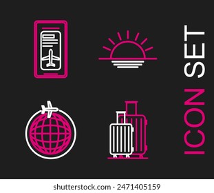 Set line Suitcase for travel, Globe with flying plane, Sunset and Smartphone electronic boarding pass airline ticket icon. Vector