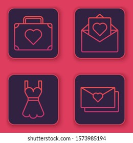 Set line Suitcase for travel with heart, Woman dress, Envelope with Valentine heart and Envelope with Valentine heart. Blue square button. Vector