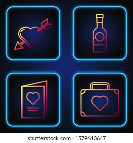 Set line Suitcase for travel with heart, Valentines day party flyer with heart, Amour symbol with heart and arrow and Champagne bottle. Gradient color icons. Vector