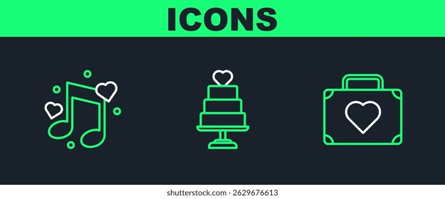 Set line Suitcase for travel with heart, Music note, tone hearts and Wedding cake icon. Vector