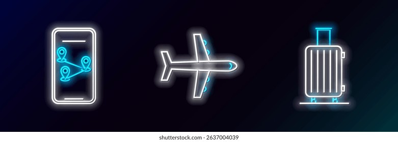 Set line Suitcase for travel, Infographic of city map navigation and Plane icon. Glowing neon. Vector