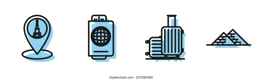 Set line Suitcase for travel, Map pointer with Eiffel tower, Passport with ticket and Egypt pyramids icon. Vector