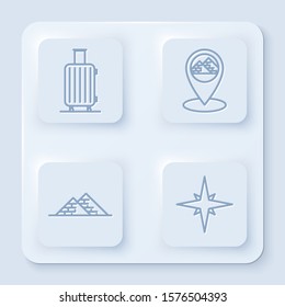 Set line Suitcase for travel, Map pointer with Egypt pyramids, Egypt pyramids and Wind rose. White square button. Vector