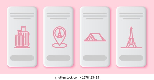 Set line Suitcase for travel, Map pointer with Eiffel tower, Tourist tent and Eiffel tower. White rectangle button. Vector