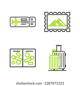 Set line Suitcase for travel, Passport pages with visa stamps, Postal and Egypt pyramids and Airline ticket icon. Vector