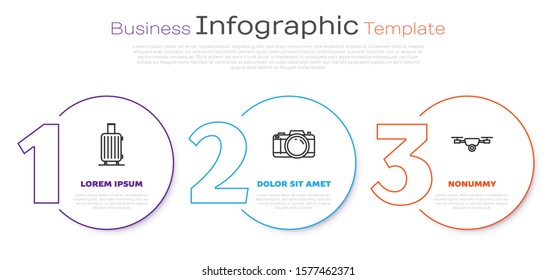Set line Suitcase for travel, Photo camera and Drone flying with action video camera. Business infographic template. Vector