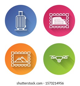 Set line Suitcase for travel, Postal stamp and Coliseum, Postal stamp and Mountains and Drone flying with action video camera. Color circle button. Vector