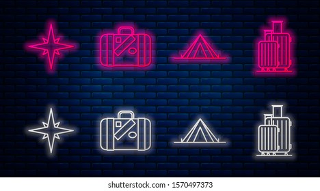 Set line Suitcase for travel and stickers, Tourist tent, Wind rose and Suitcase for travel. Glowing neon icon on brick wall. Vector