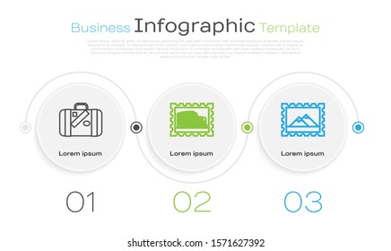 Set line Suitcase for travel and stickers, Postal stamp and Coliseum and Postal stamp and Mountains. Business infographic template. Vector