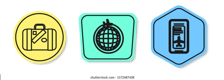 Set line Suitcase for travel and stickers, Globe with flying plane and Smartphone with electronic boarding pass airline ticket. Colored shapes. Vector