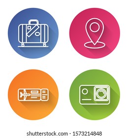Set line Suitcase for travel and stickers, Map pin, Airline ticket and Action extreme camera. Color circle button. Vector