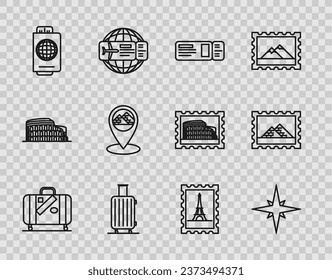 Set line Suitcase for travel and stickers, Wind rose, Travel ticket, Passport with, Map pointer Egypt pyramids, Postal stamp Eiffel tower and  icon. Vector
