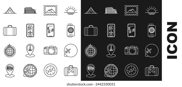 Set line Suitcase for travel and stickers, Passport ticket, Postal stamp Mountains, Smartphone electronic boarding pass airline, Tourist tent and Infographic of city map navigation icon. Vector
