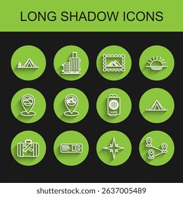 Set line Suitcase for travel and stickers, Travel ticket, Tourist tent with wood fire, Wind rose, Route location, Map pointer Egypt pyramids,  and Passport icon. Vector