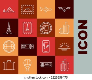 Set line Suitcase for travel, Sunset, Plane, Postal stamp and Eiffel tower, Tourist tent with wood fire and Globe flying plane icon. Vector