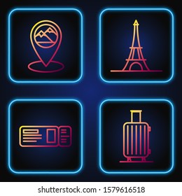 Set line Suitcase for travel, Travel ticket, Map pointer with mountain and Eiffel tower. Gradient color icons. Vector
