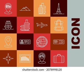 Set line Suitcase for travel, Travel ticket, Hiking backpack, Ship, Map pointer with Coliseum Rome, Italy and Plane icon. Vector