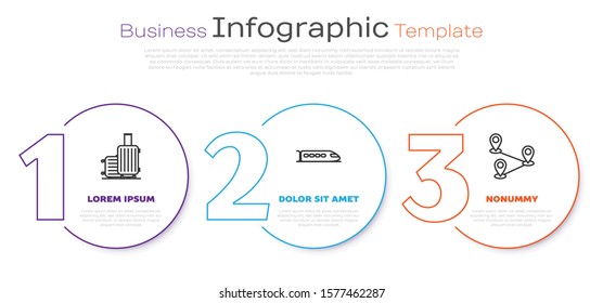 Set line Suitcase for travel, Train and Route location. Business infographic template. Vector