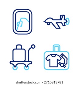 Set line Suitcase, Trolley baggage, UAV Drone and Airplane window icon. Vector