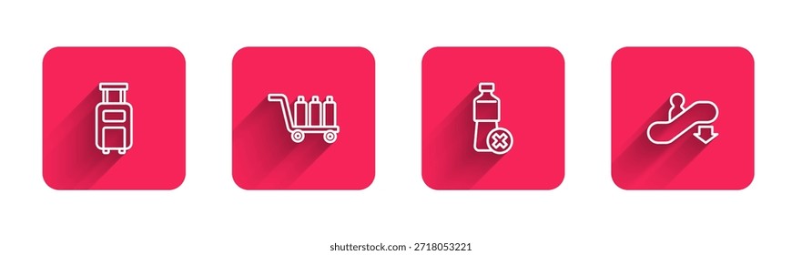 Set línea Maleta, equipaje de la carretilla, ninguna botella de agua y escalera mecánica abajo con sombra larga. Botón cuadrado rojo. Vector
