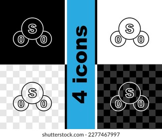 Fijar el icono de molécula de gas de dióxido de azufre de línea SO2 aislado sobre fondo transparente y negro. Fórmula química estructural y modelo molécula.  Vector