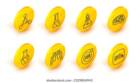 Set line Sulfur dioxide SO2, Helium, Test tube, with toxic liquid, Alcohol or spirit burner,  and Molecule icon. Vector