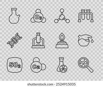 Linha Set Dióxido de enxofre SO2, Microrganismos sob lupa, Molécula, Ca mineral Cálcio, Tubo de ensaio, Microscópio, com líquido tóxico e ícone. Vetor
