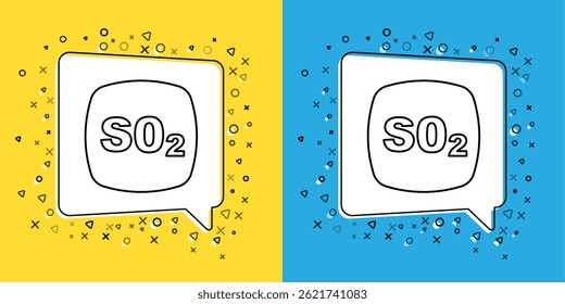 Set line Sulfur dioxide SO2 gas molecule icon isolated on yellow and blue background. Structural chemical formula and molecule model.  Vector