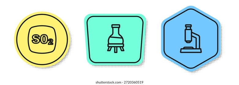 Dióxido de azufre SO2, tubo de ensayo y microscopio. Formas de colores. Vector
