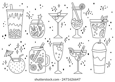 Set line summer drinks. Bubble tea, ice coffee, strawberry mojito, martini, orange juice, sunrise tequila, coconut cocktail, blue lagoon and bloody mary. Cartoon flat vector illustration.