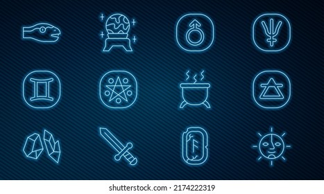 Set line Sun, Air element, Mars, Pentagram in circle, Gemini zodiac, Snake, Witch cauldron and Magic ball icon. Vector