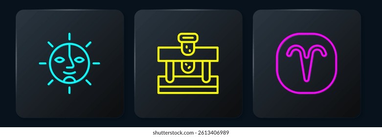 Set line Sun, Aries zodiac and Bottle with potion. Black square button. Vector