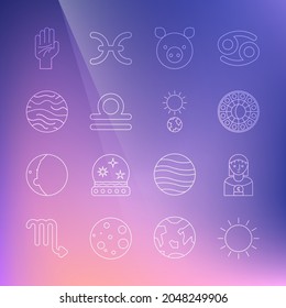 Set line Sun, Astrology woman, horoscope circle, Pig zodiac, Libra, Planet Venus, Palmistry of the hand and Solstice icon. Vector