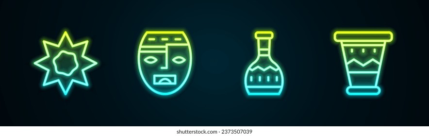 Set line Sun, Aztec mask, Tequila bottle and Mexican drum. Glowing neon icon. Vector