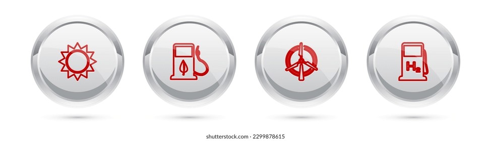 Set line Sun, Bio fuel with fueling nozzle, Rotating wind turbine and Hydrogen filling station. Silver circle button. Vector
