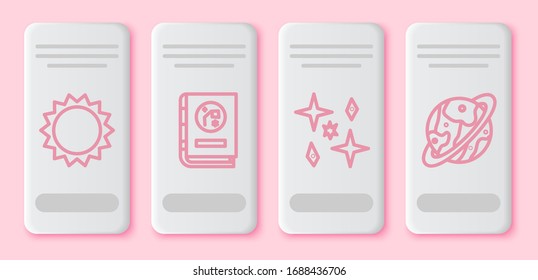 Set line Sun, Book by astronomy, Planet and Space capsule and parachute. White rectangle button. Vector