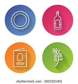 Fijar la línea Sol, Botella de vino, Tarjeta de saludo con Feliz Pascua y Hojas Silvestres. Botón de círculo de color. Vector