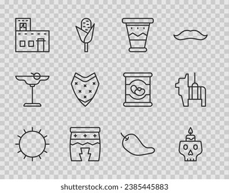 Set line Sun, Burning candle on a skull, Mexican drum, Huehuetl, house, Poncho, Hot chili pepper pod and Pinata icon. Vector