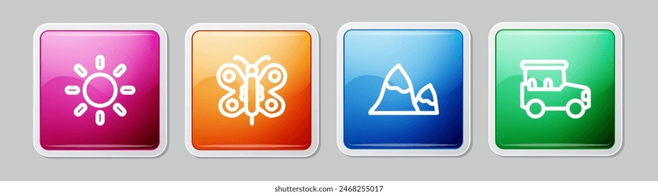 Set line Sun, Butterfly, Mountains and Safari car. Colorful square button. Vector