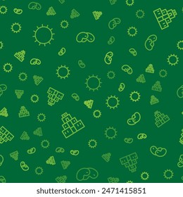 Set line Sun, Chichen Itza in Mayan and Beans on seamless pattern. Vector