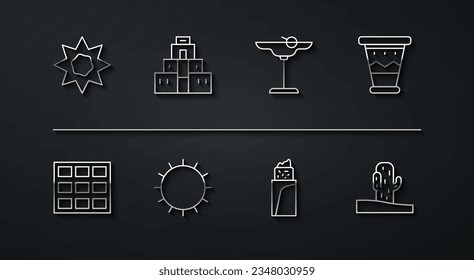 Set line Sun, Chocolate bar, Mexican drum, Burrito, Chichen Itza in Mayan, Cactus and Margarita cocktail icon. Vector
