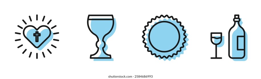 Set line Sun, Christian cross and heart, Wine glass and Wine bottle with glass icon. Vector