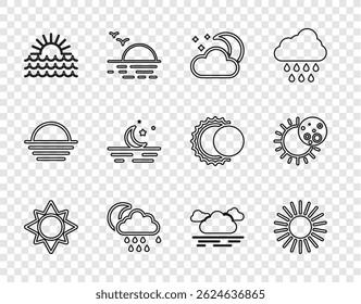 Set line Sun, Cloud with moon and stars, rain, Sunset, Moon,  and Eclipse of the sun icon. Vector
