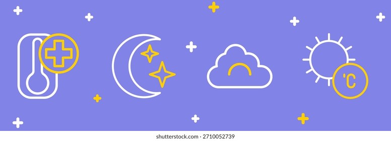 Set line Sun, Cloud, Moon and stars and Thermometer icon. Vector